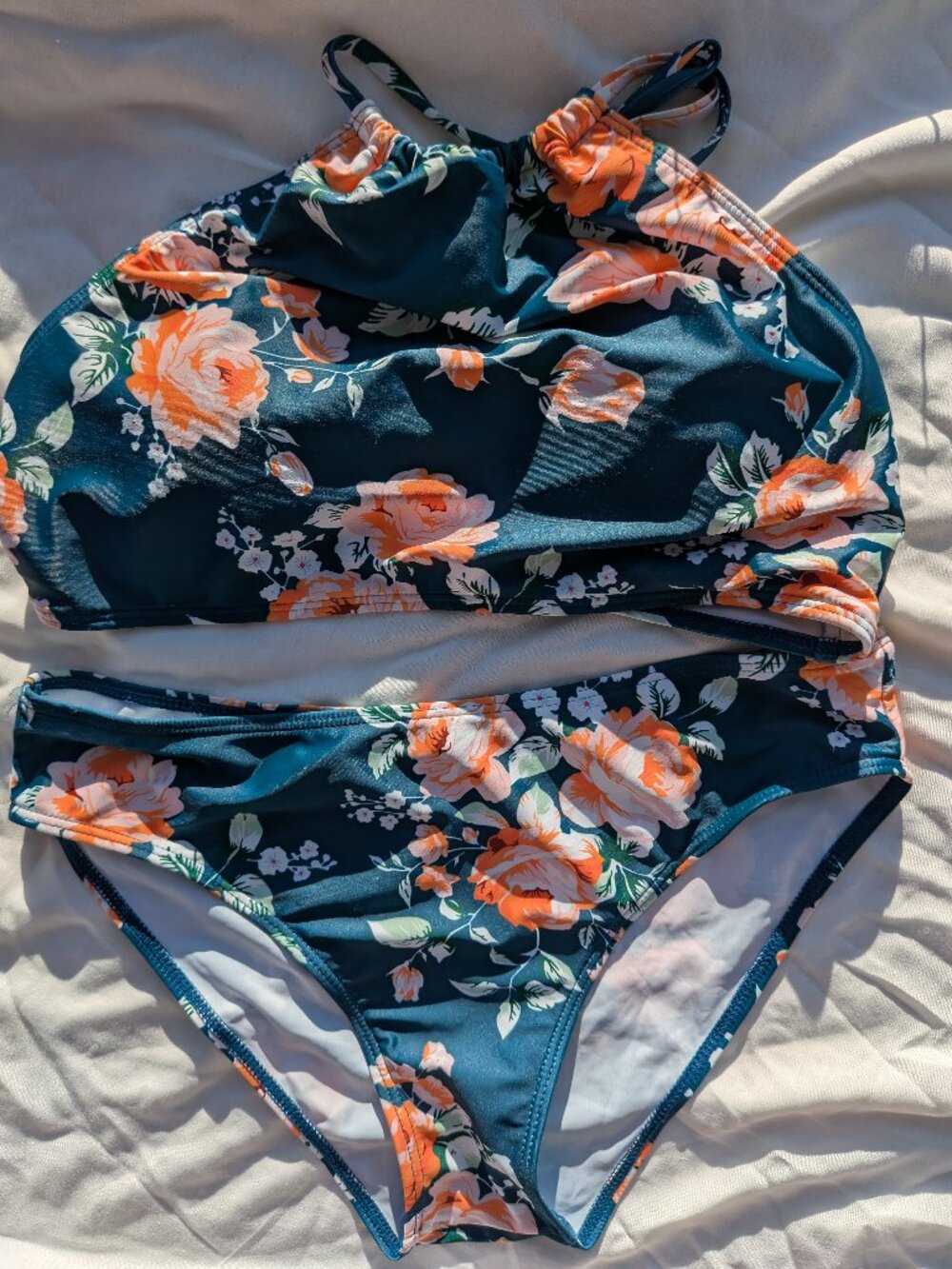 High-Neck Floral Bikini Set in Teal and Orange